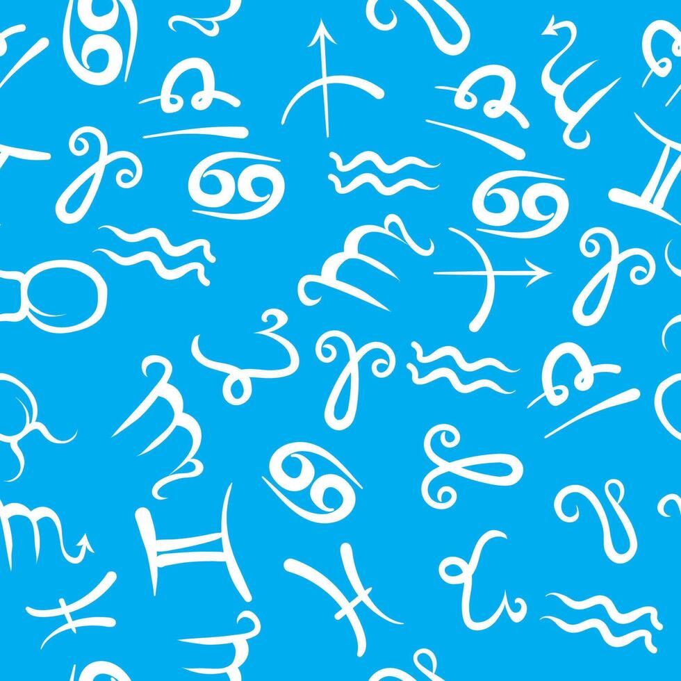 Zodiac Icon Seamless Pattern Isolated on Blue Background. Astrological Symbols. Horoscope Elements. vector