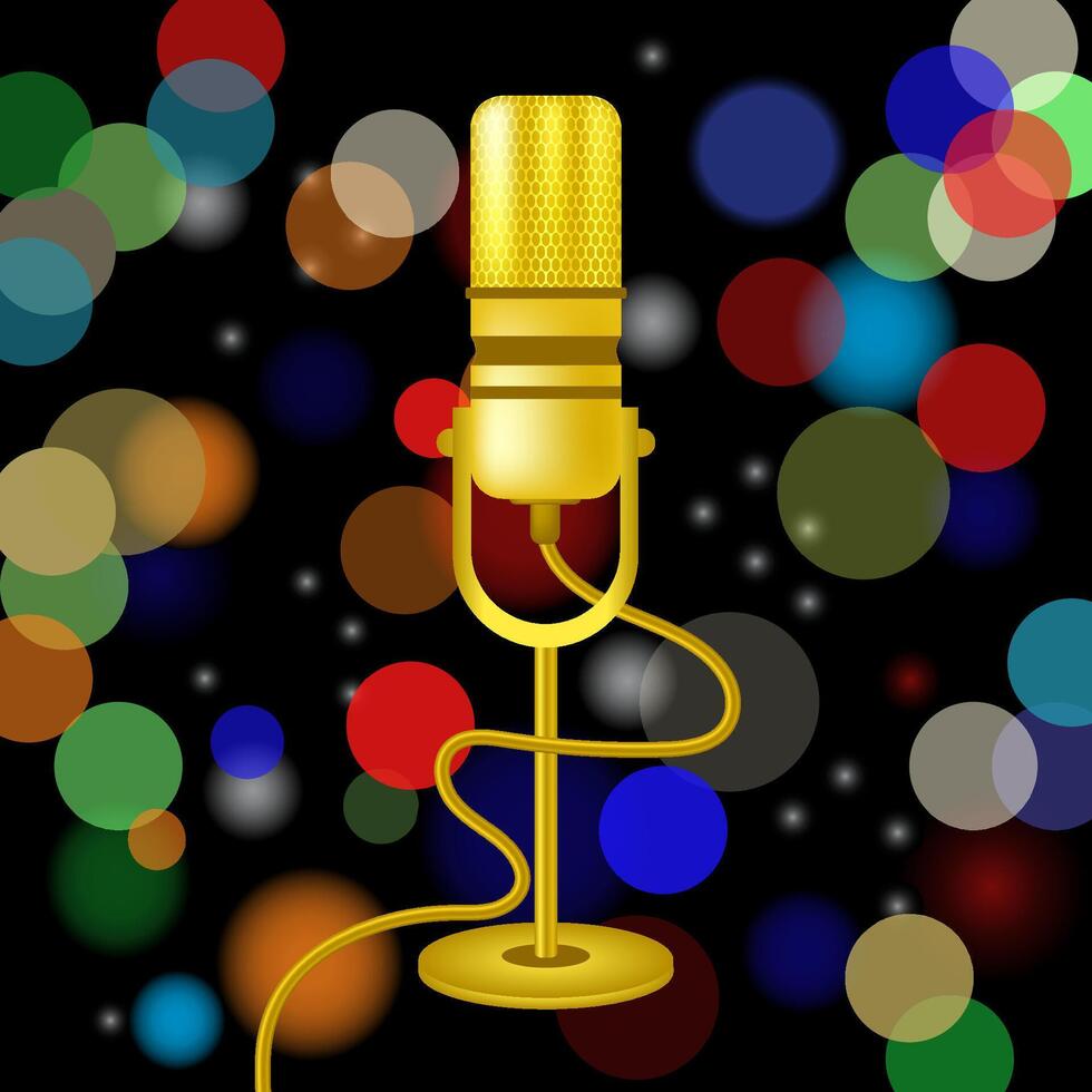 Retro Gold Microphone Icon Isolated on Blurred Colored Lights Background. vector