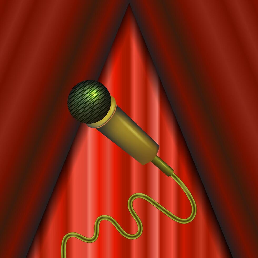 Retro Gold Microphone Icon Isolated on Red Curtain Background. vector