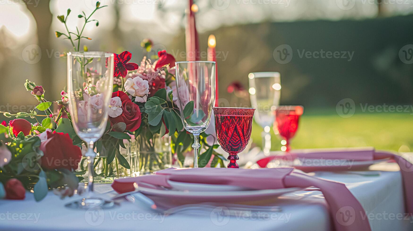 Festive table setting with candles and arrangement of beautiful red flowers. Holiday concept photo