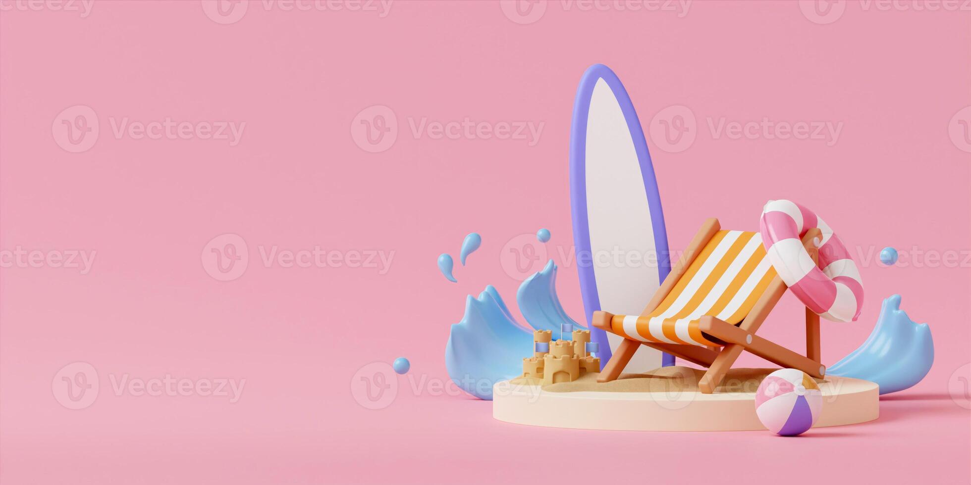 Beach accessories and summer vacation, holiday trip and essential items on pink background. Concept of relax and rest. 3D rendering photo