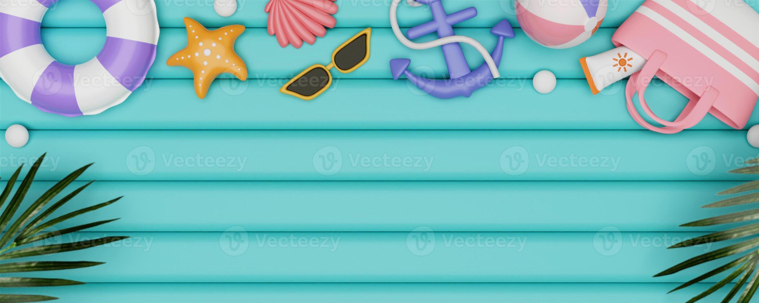 3d beach accessories on pastel blue floor. summer vacation and holidays concept copy space. 3d illustration. banner 3d rendering illustration. photo
