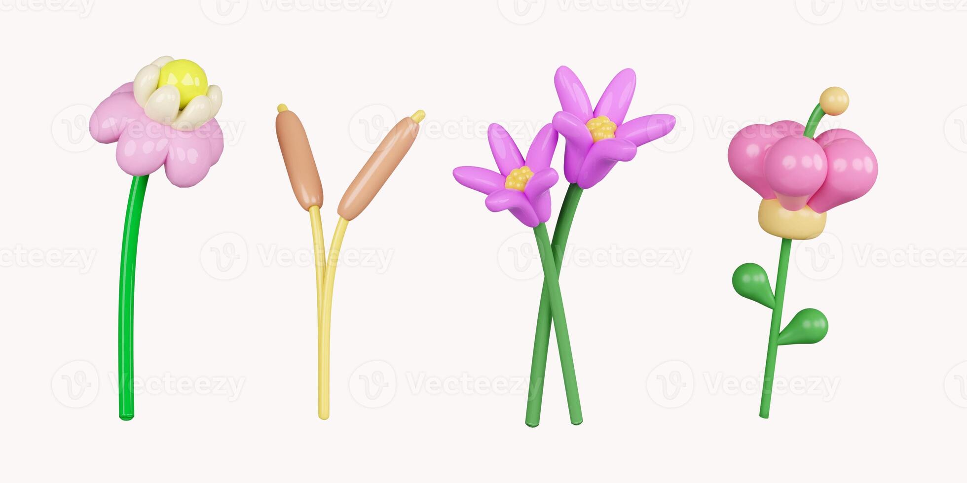 3d colorful flower set. icon isolated on white background. 3d rendering illustration. Clipping path. photo