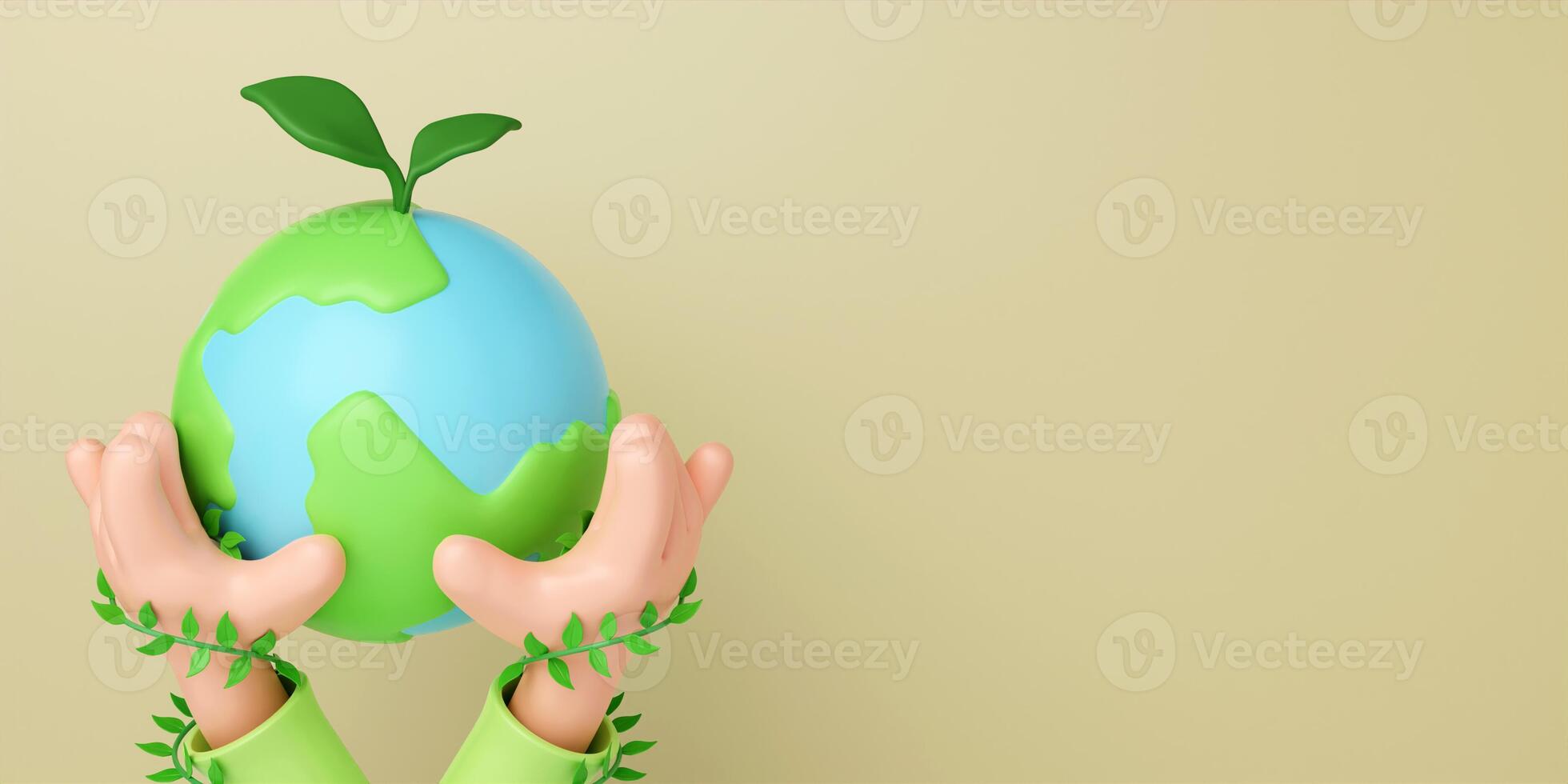 3d hand holding a planet earth isolated on yellow background. Sustain earth concept. Save Earth. Environment Concept. 3d rendering illustration. photo
