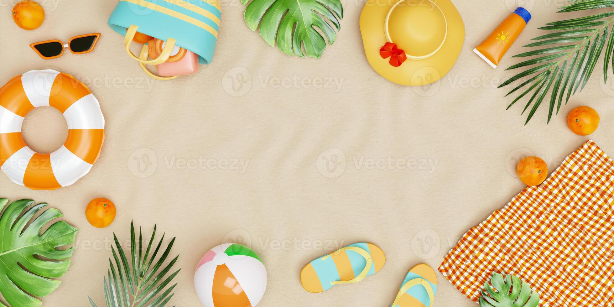 Summer vacation. accessories ready on the beach for summer vacation. Creative travel concept idea with copy space. illustration banner 3d rendering illustration. photo