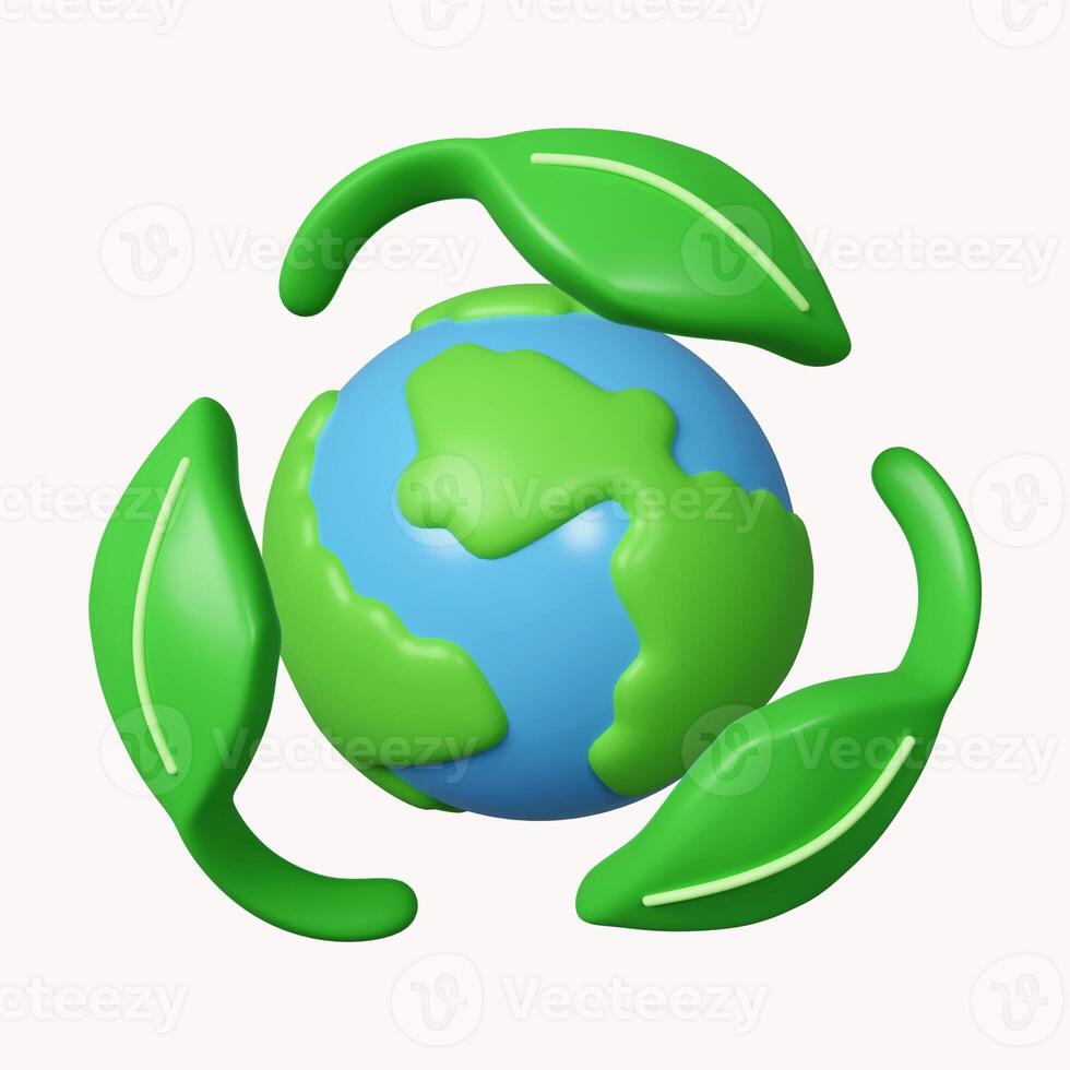 3d leaf recycle with planet symbol. 3d no plastic bottles. Save Earth. Save Environment Concept. icon isolated on white background. 3d rendering illustration. Clipping path. photo