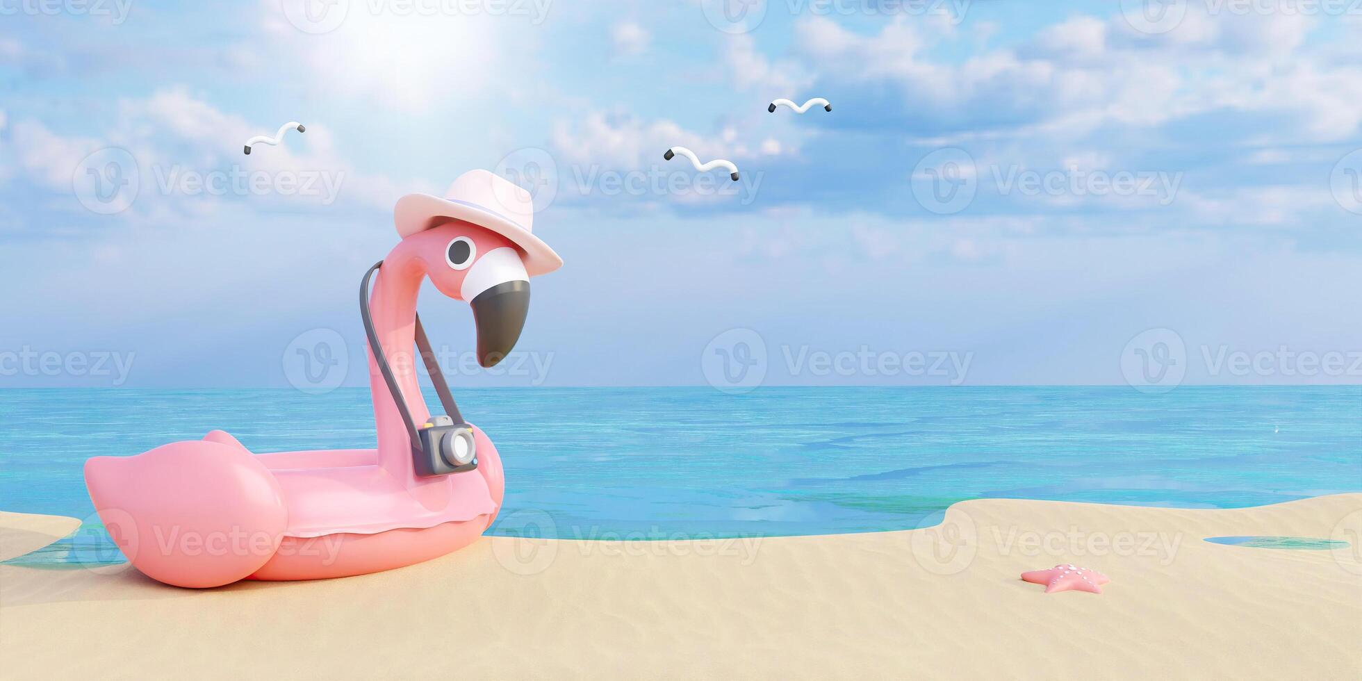 Flamingo float wearing a hat ready for summer vacation. Creative travel concept idea with copy space. 3d rendering illustration photo