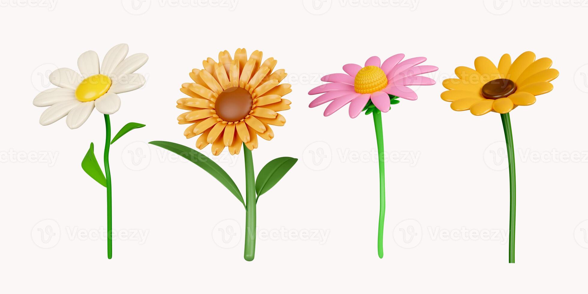 3d colorful flower set. icon isolated on white background. 3d rendering illustration. Clipping path. photo