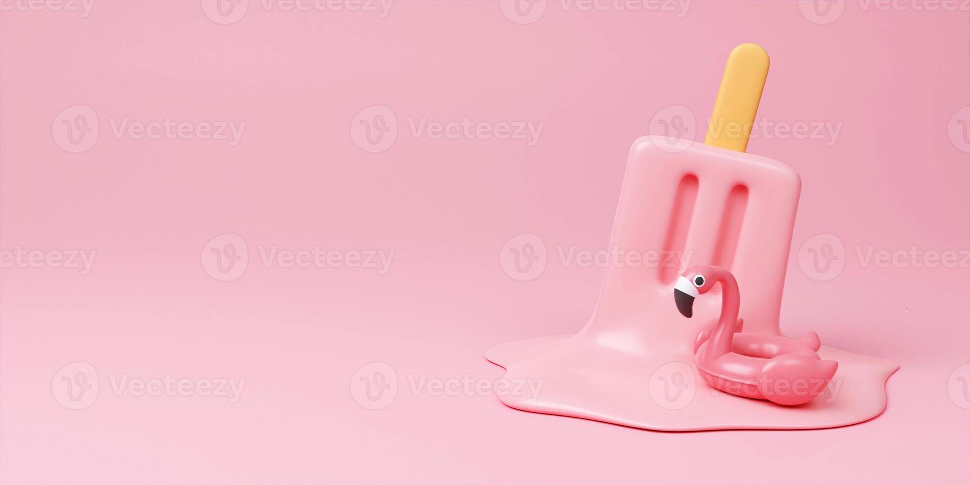 Pink stick ice cream melting with flamingo float on pastel pink background. Summer creative concept. 3d render illustration. photo