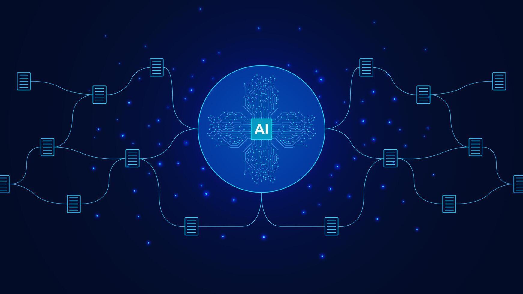 AI powered software concept with futuristic microchip and document connections. Digital technology to improve business management organizing information from large amounts of data background vector