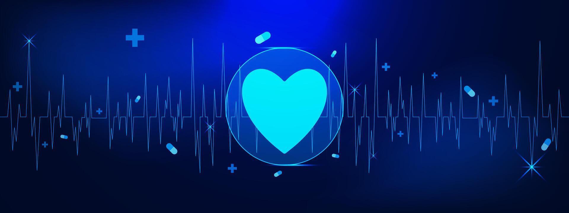 Heartbeat with heart shape, capsule and cross for medical and healthcare banner on dark blue backdrop vector