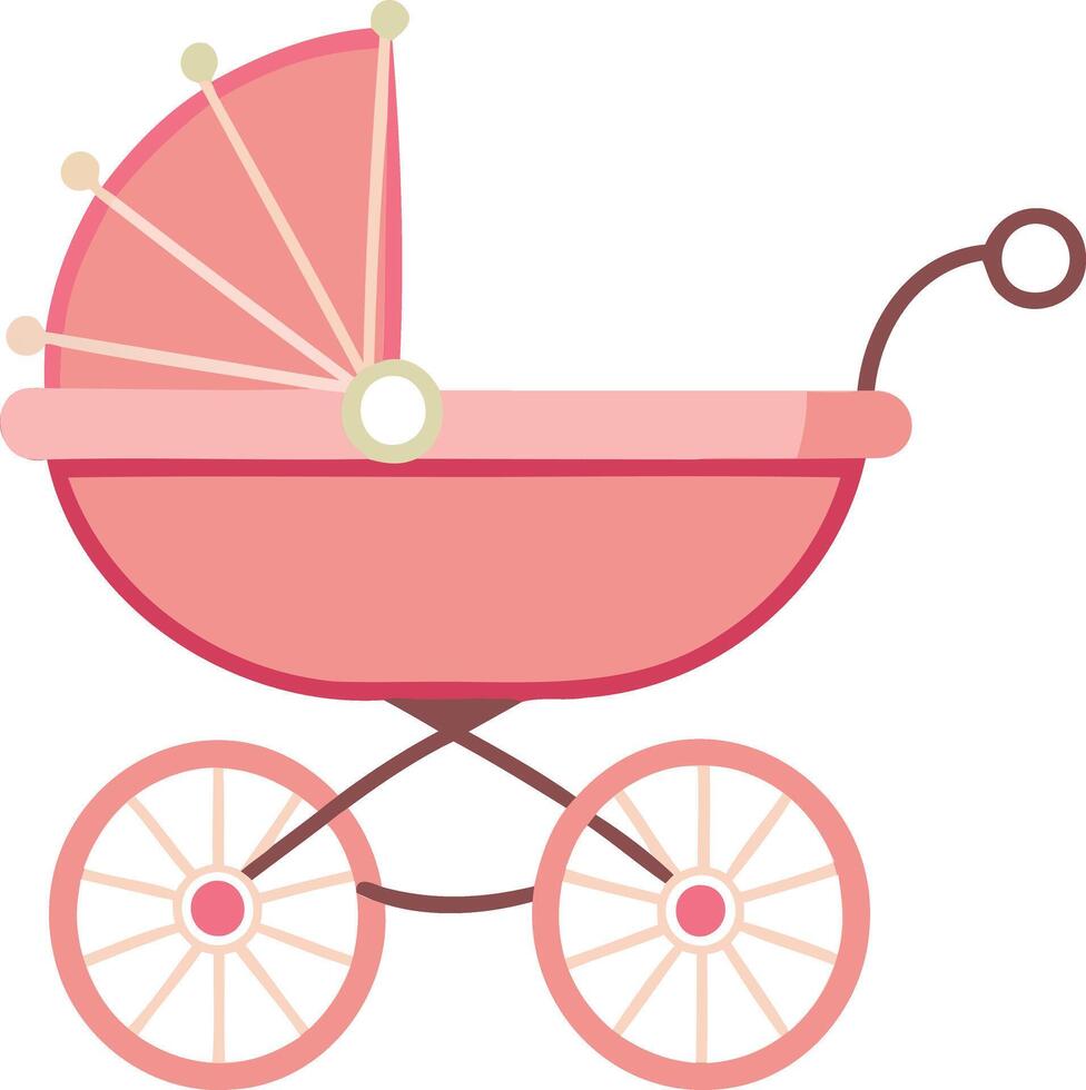 Baby carriage. Flat cute girl pushchair with handle. Newborn vehicle vector