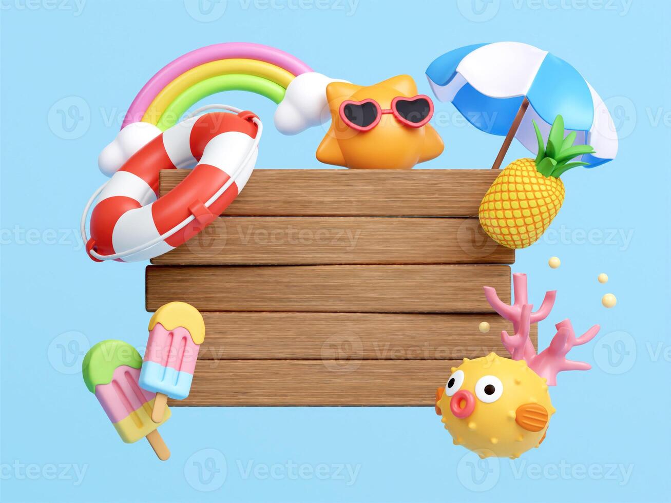 3d Creative Summer Commercial Border with beach accessories. summer vacation and holidays concept. d illustration. banner 3d rendering illustration photo