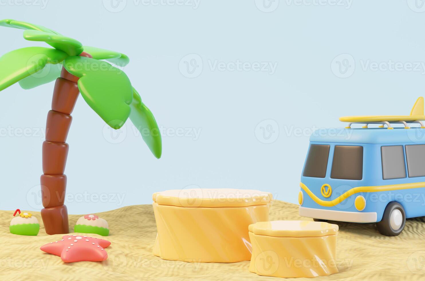 3d Summer tropical sand beach on a sunny day with yellow podium display, coconut trees, and van. Creative travel concept idea with copy space. illustration banner 3d rendering illustration photo