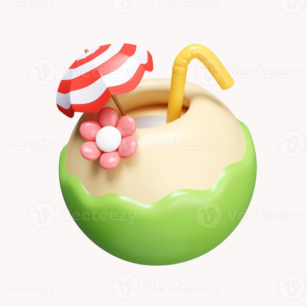 3d coconut water for summer time. summer vacation and holidays concept. icon isolated on white background. 3d rendering illustration. Clipping path. photo