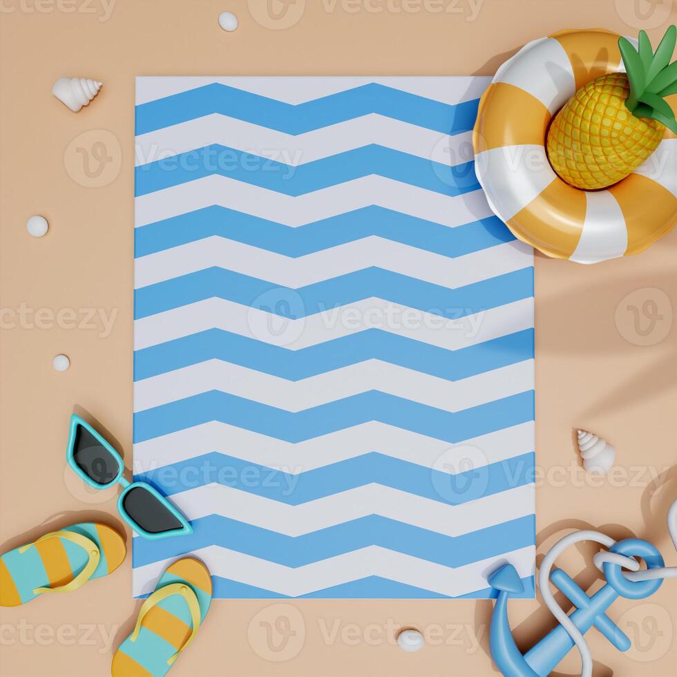 Flat lay summer vacation with beach accessories ready for summer vacation. summer beach scene and shadow of palm leaves. illustration banner. 3d rendering illustration photo