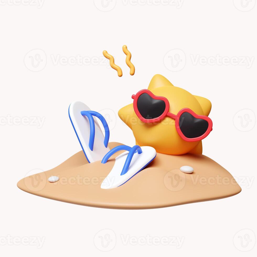 3d sun wearing sunglasses on sand with sandals. summer vacation and holidays concept. icon isolated on white background. 3d rendering illustration. Clipping path. photo