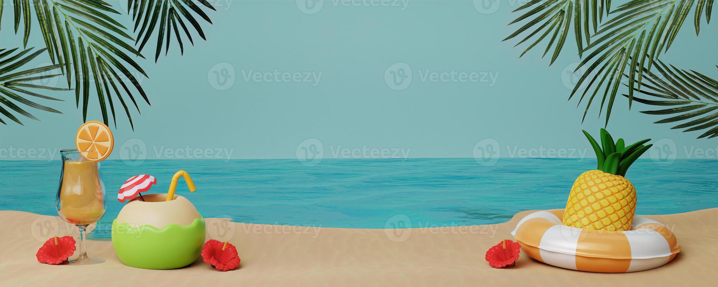 Summer beach vacation. pineapple in swimming ring with orange juice, coconut and hibiscus flower. Creative travel concept idea with copy space. illustration banner 3d rendering illustration photo