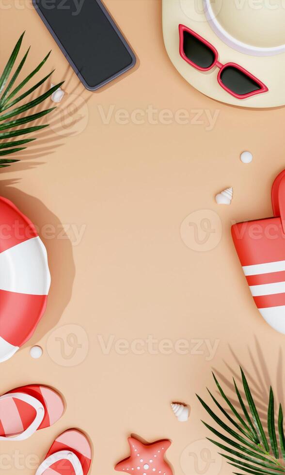 Summer vacation. beach accessories ready on the beach for summer vacation. Creative travel concept idea with copy space. illustration banner 3d rendering illustration. photo