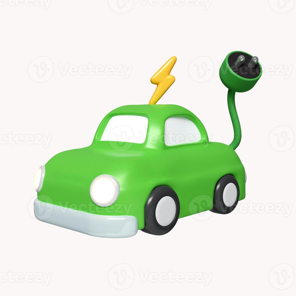 3d electric car EV car. Green energy technology and transportation concept. icon isolated on white background. 3d rendering illustration. Clipping path. photo