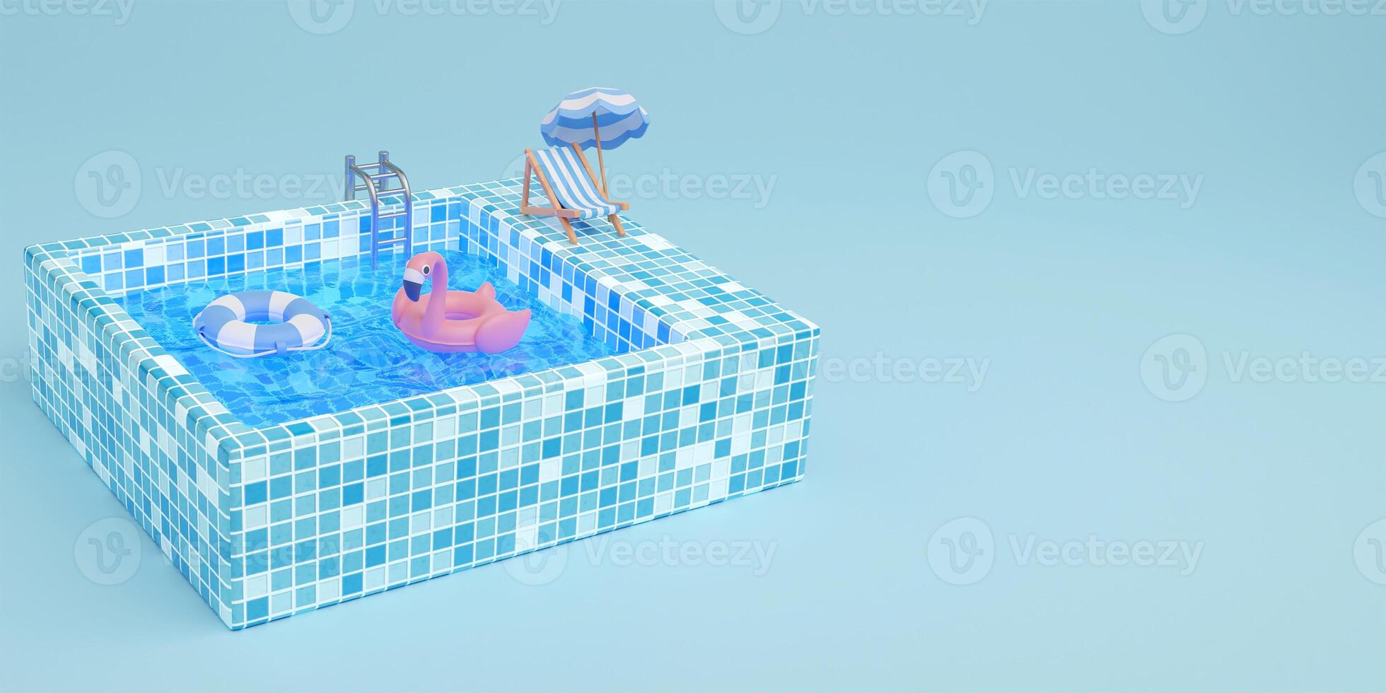 Swimming pool with lounge chairs, umbrella and Pink flamingo. Creative summer concept idea with copy space. illustration banner 3d rendering illustration photo