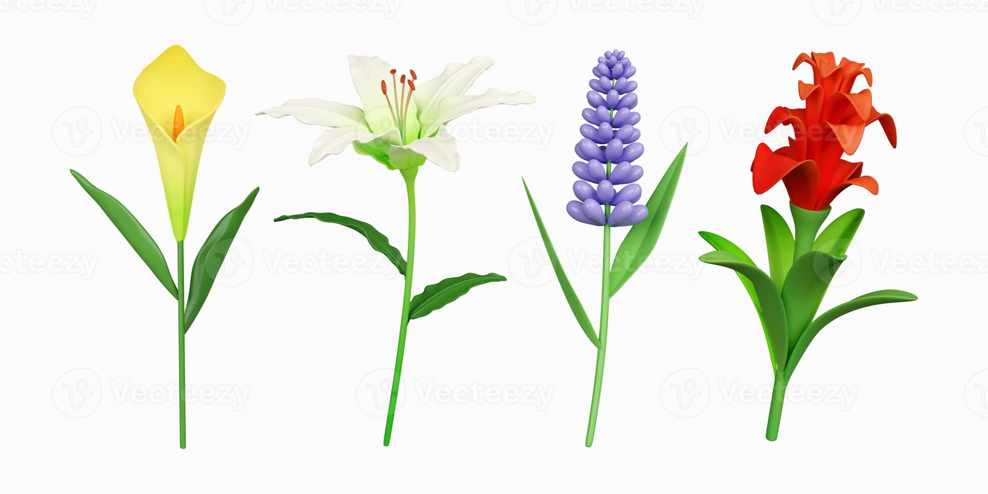 3d colorful flower set. icon isolated on white background. 3d rendering illustration. Clipping path. photo