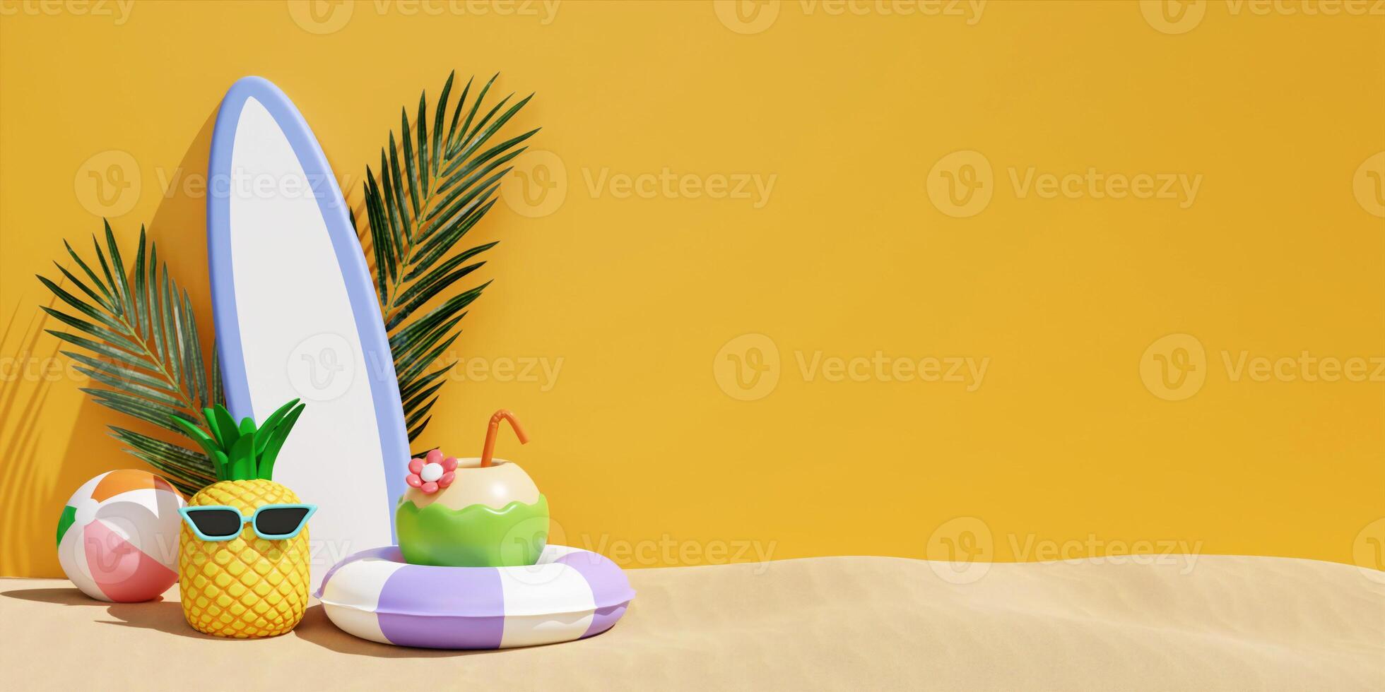 surfboard with coconut in swimming ring, and beach accessories. summer vacation and holidays concept copy space. 3d illustration. banner 3d rendering illustration photo