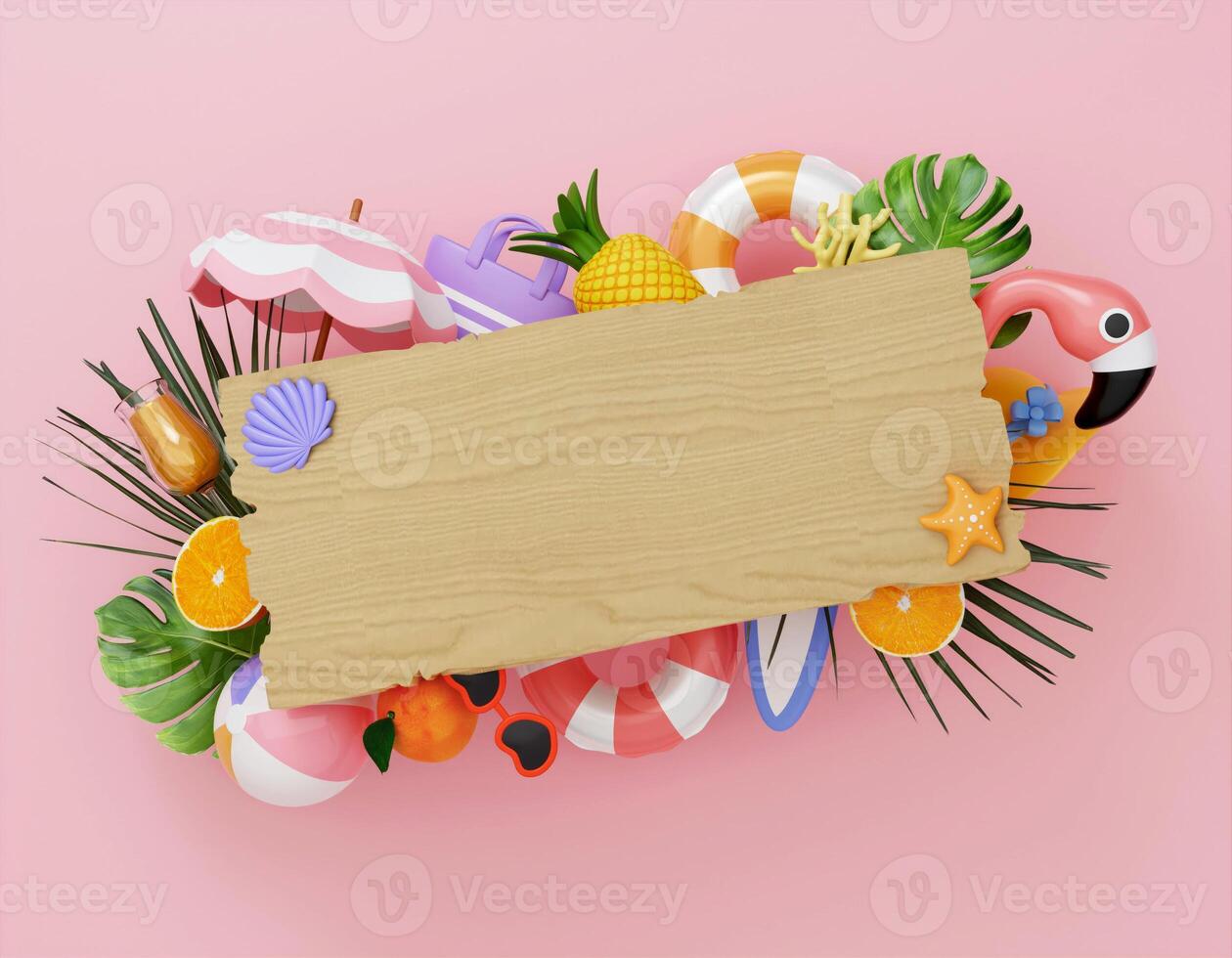 3d Creative Summer Commercial Border with beach accessories on pink background. summer vacation and holidays concept. d illustration. 3d banner. 3d rendering illustration photo