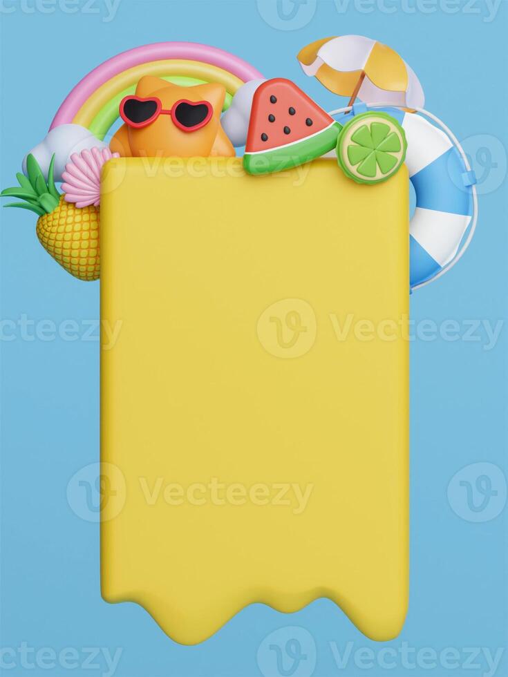 3d yellow signboard for text and colorful beach elements. Creative summer concept idea. illustration banner 3d rendering illustration photo