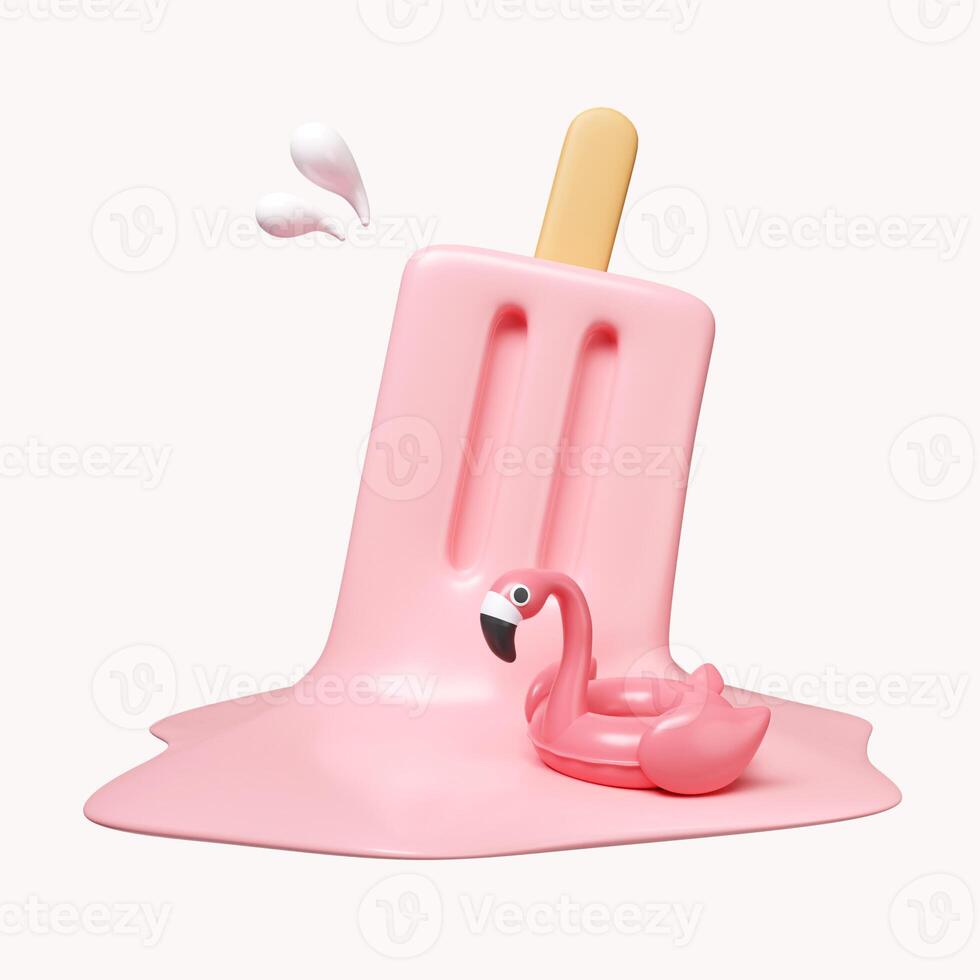 3d popsicle melt with Pink Flamingo float for summer vacation and holidays concept. icon isolated on white background. 3d rendering illustration. Clipping path. photo