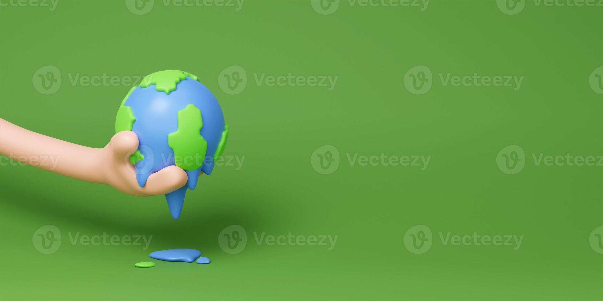 3d Melting hot and dripping unhabitable planet Earth, global warming climate change on green background. 3d rendering illustration. photo