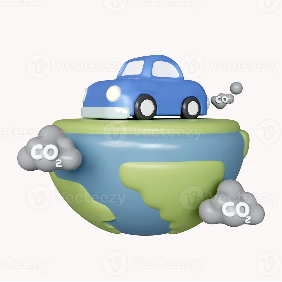 3d car emitting Carbon Dioxide. Ecology and biochemistry. Air pollution emissions contamination with industrial pipes. icon isolated on white background. 3d rendering illustration. Clipping part. photo