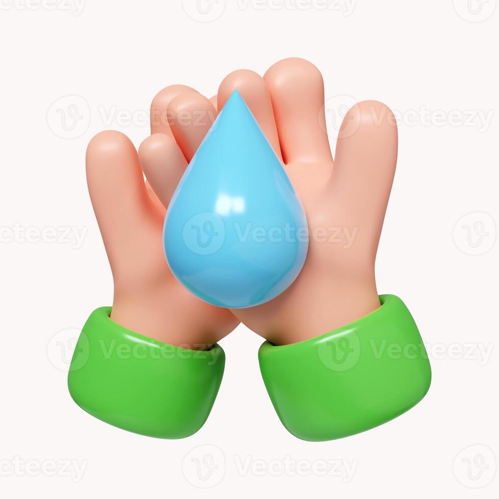 3d hand holding water drop. concept save the water. icon isolated on white background. 3d rendering illustration. Clipping path. photo