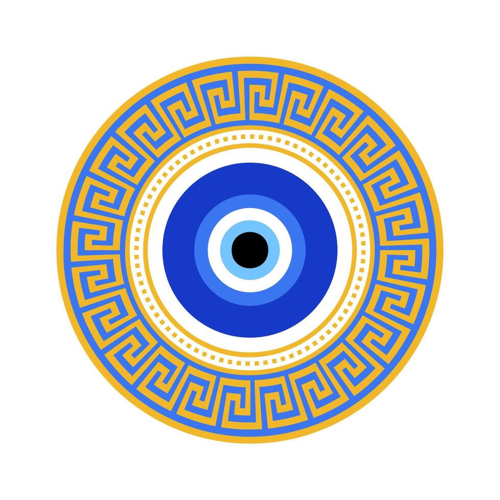 Evil eye amulet with Greek pattern. Turkish blue nazar with Mediterranean meander frame. Circle bead for protection luck and energy. Traditional Islamic magic charm vector