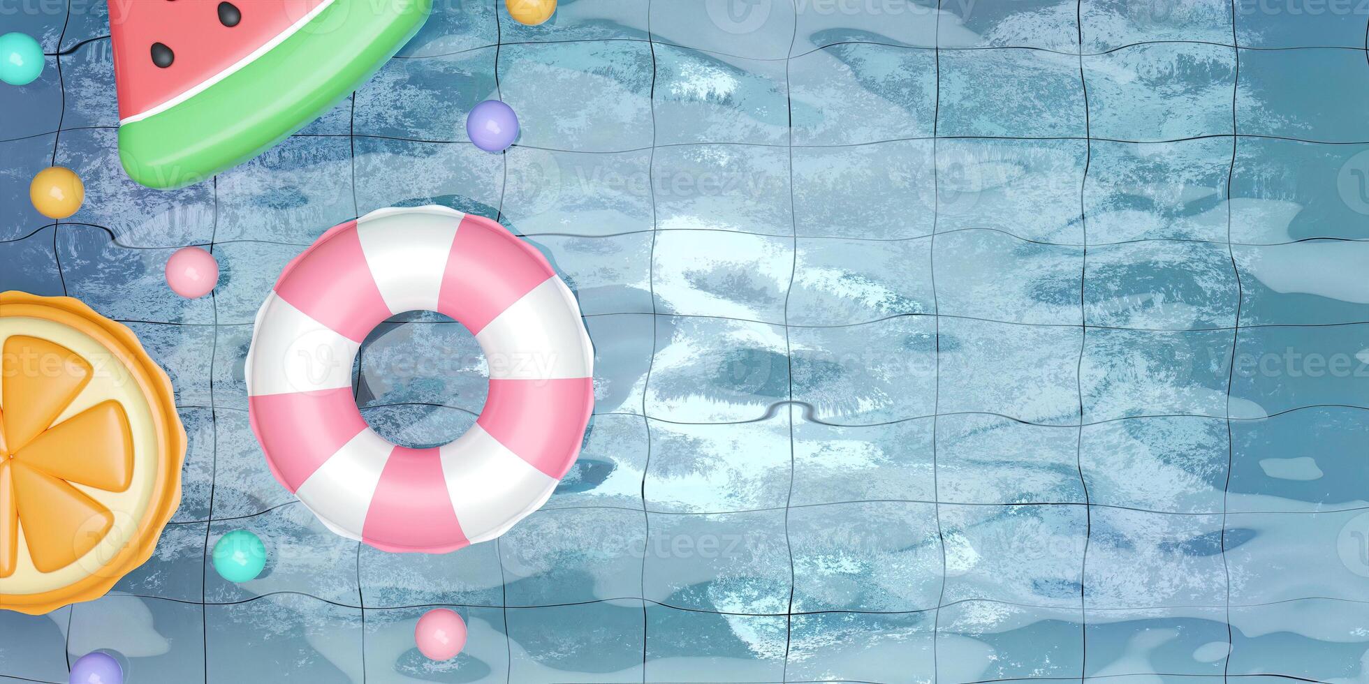 Various Inflatable floating in the pool. summer vacation concept. Creative travel concept idea with copy space. illustration banner 3d rendering illustration photo