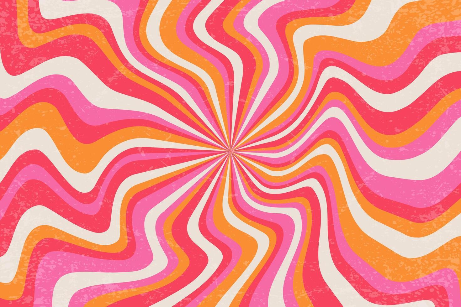 Retro spiral pattern. Groovy background with wavy sunrays. Psychedelic radial pink and orange textured abstract stripes. Vintage starburst 70s design. Striped twirl backdrop vector