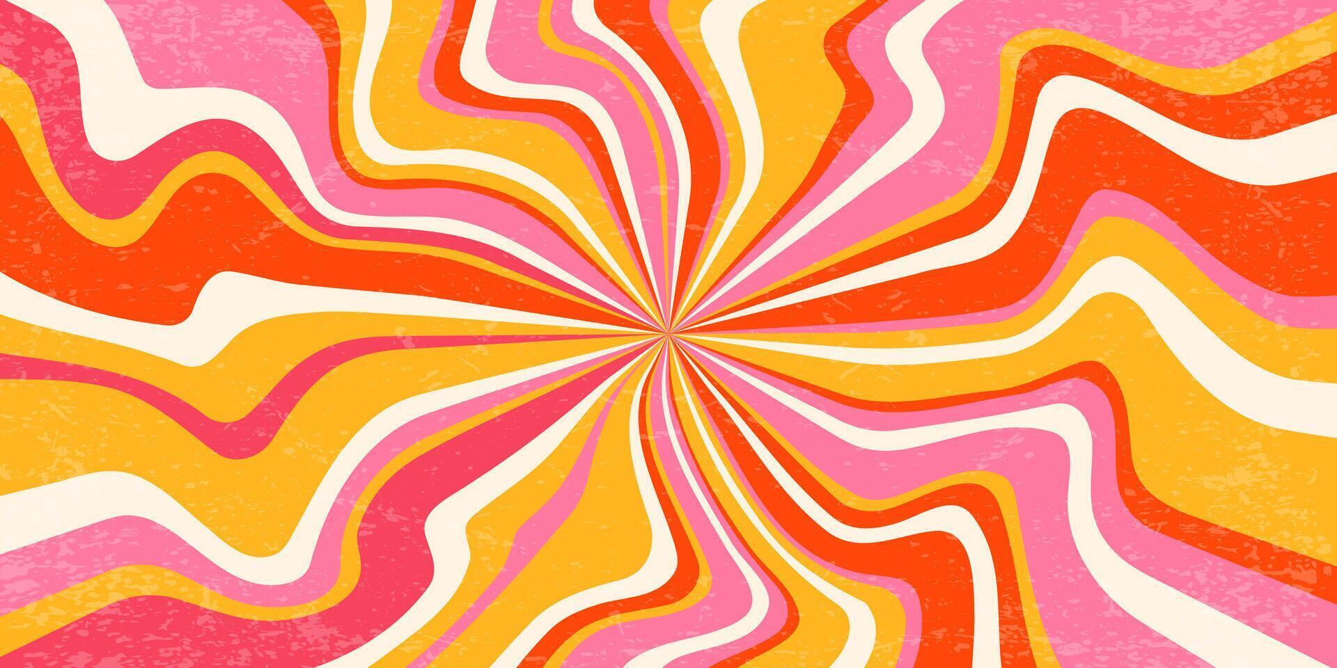 Retro background with spiral sunburst. Swirl textured radial pattern with rays. Vintage abstract wavy pink and orange striped vortex. 70s funky psychedelic disco bg. vector