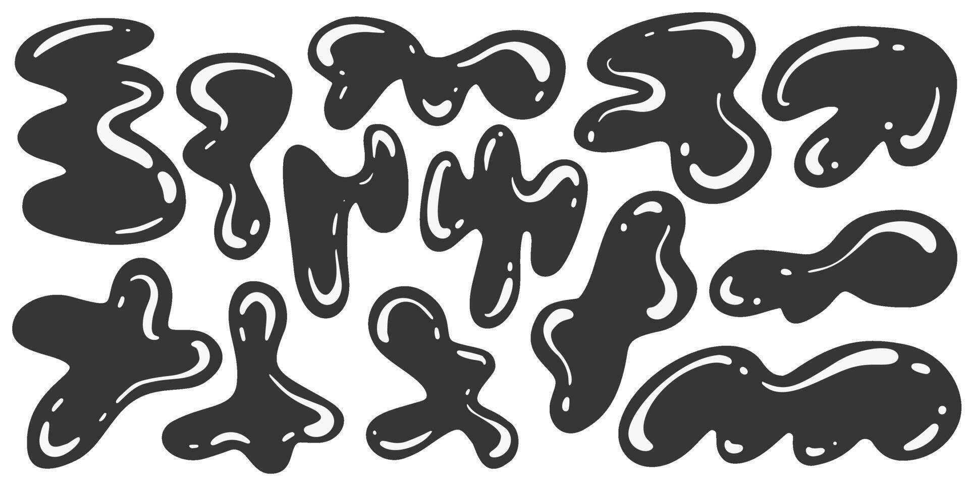 Abstract blob shapes. Organic liquid random wavy forms. Irregular fluid black spots and bubbles. Glossy elements. Trendy drops silhouettes. Modern Y2K swirl amoeba splotch. vector