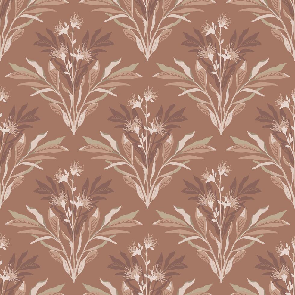 Flowering branches seamless pattern in Mocha Mousse brown tones. For textiles, wallpaper, and branding projects. vector