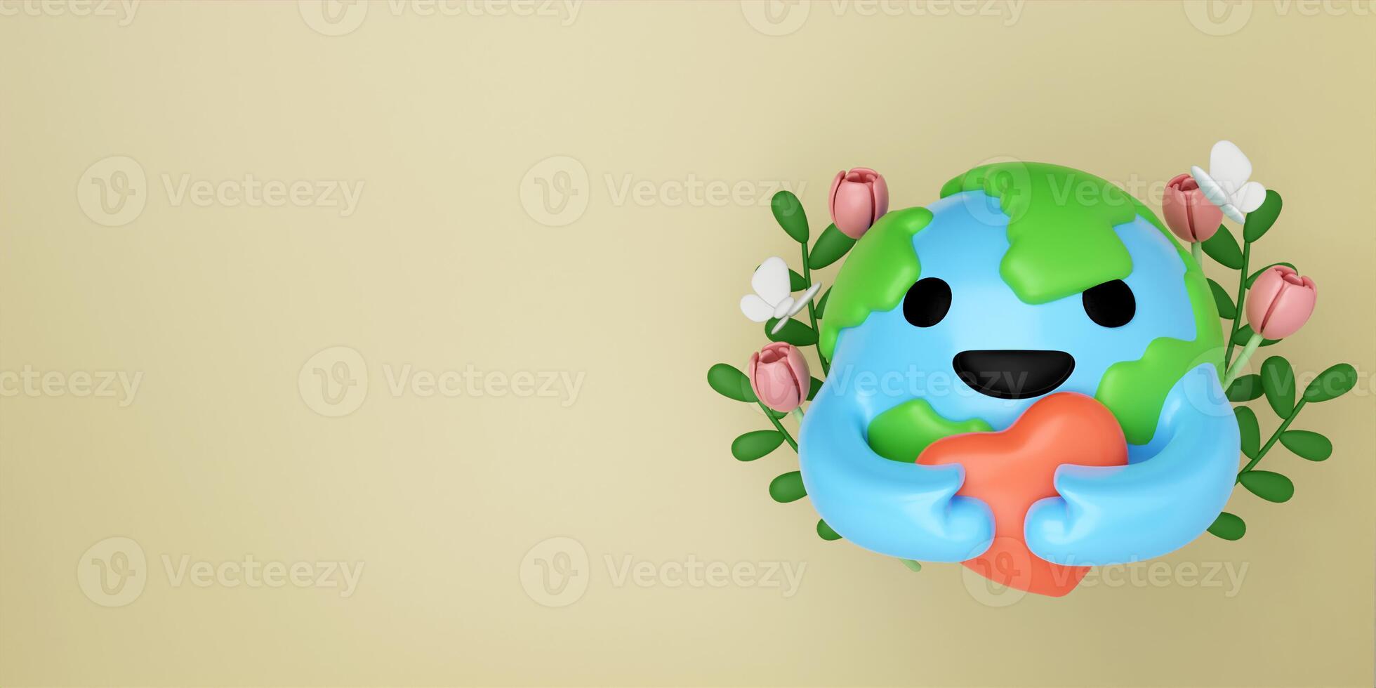3d planet hug heart with flower and butterfly on yellow background. Concept of Save the Earth, Protect environmental and eco green life, ecology and nature protect. 3d rendering illustration. photo