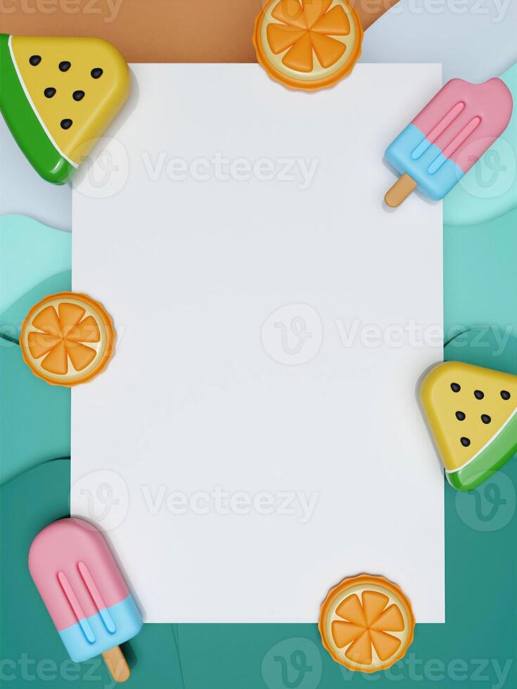 Summer vacation. white frame Decorated with popsicle watermelon and orange. Creative travel concept idea with copy space. illustration banner 3d rendering illustration photo