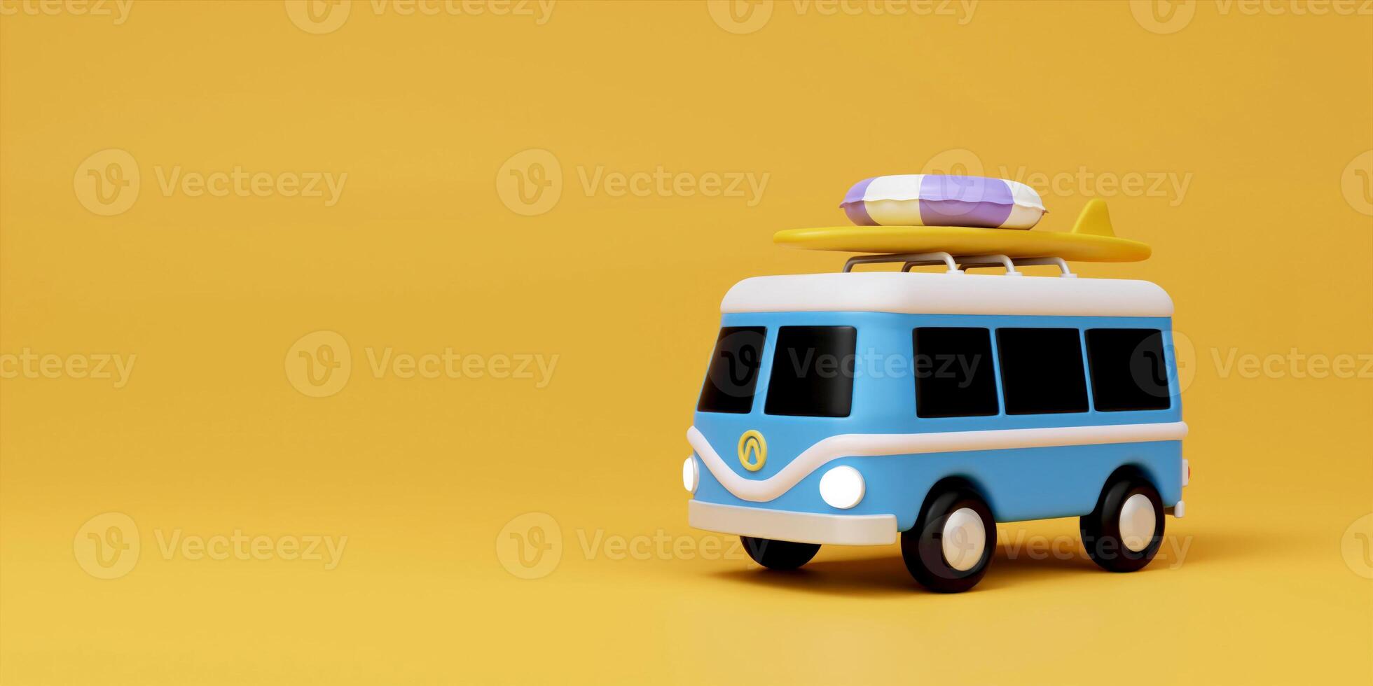 3d blue Mini van on yellow background , concept of beach vacation, landing page template in cute 3d cartoon illustration photo
