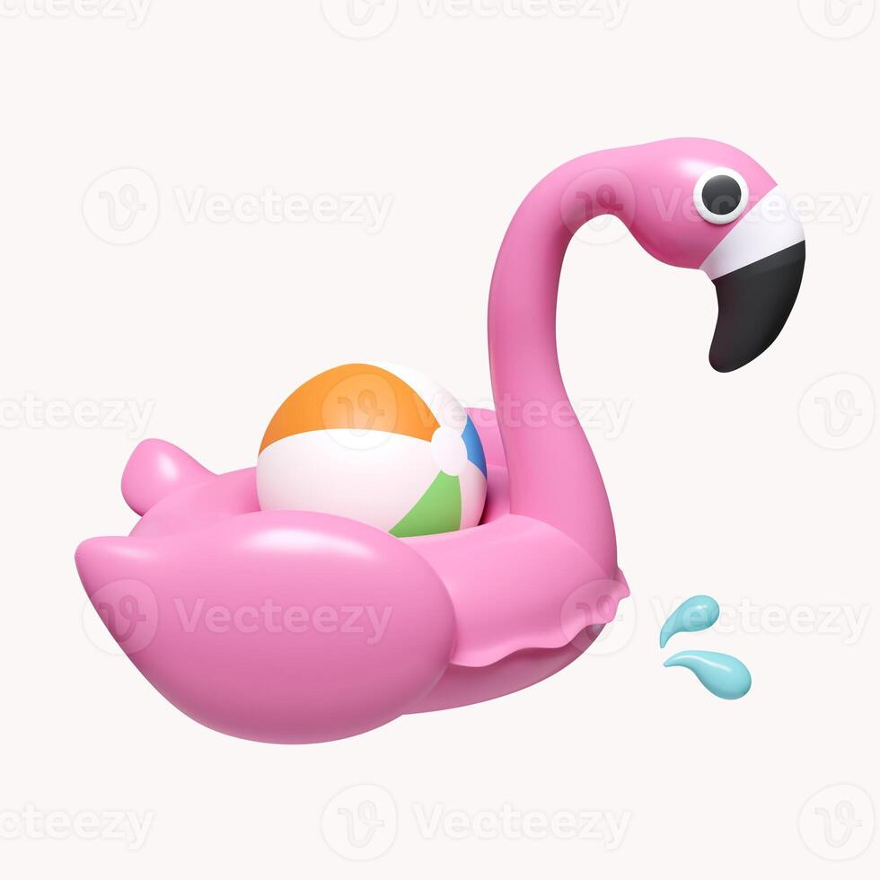 3d Pink Flamingo float and ball. summer vacation and holidays concept. icon isolated on white background. 3d rendering illustration. Clipping path. photo