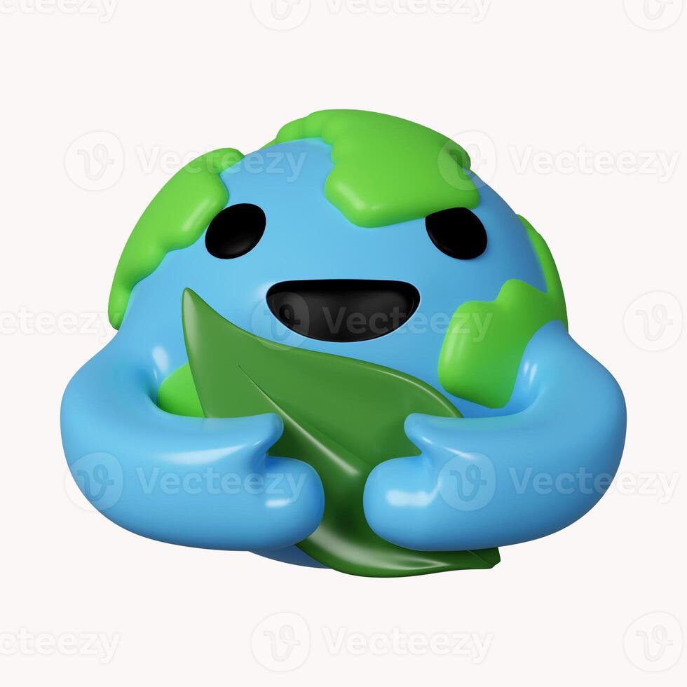 3d planet hug leaf. save planet. Save Environment Concept. icon isolated on white background. 3d rendering illustration. Clipping path. photo