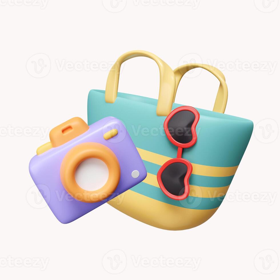 3d bag with camera and sun glasses. summer vacation and holidays concept. icon isolated on white background. 3d rendering illustration. Clipping path. photo
