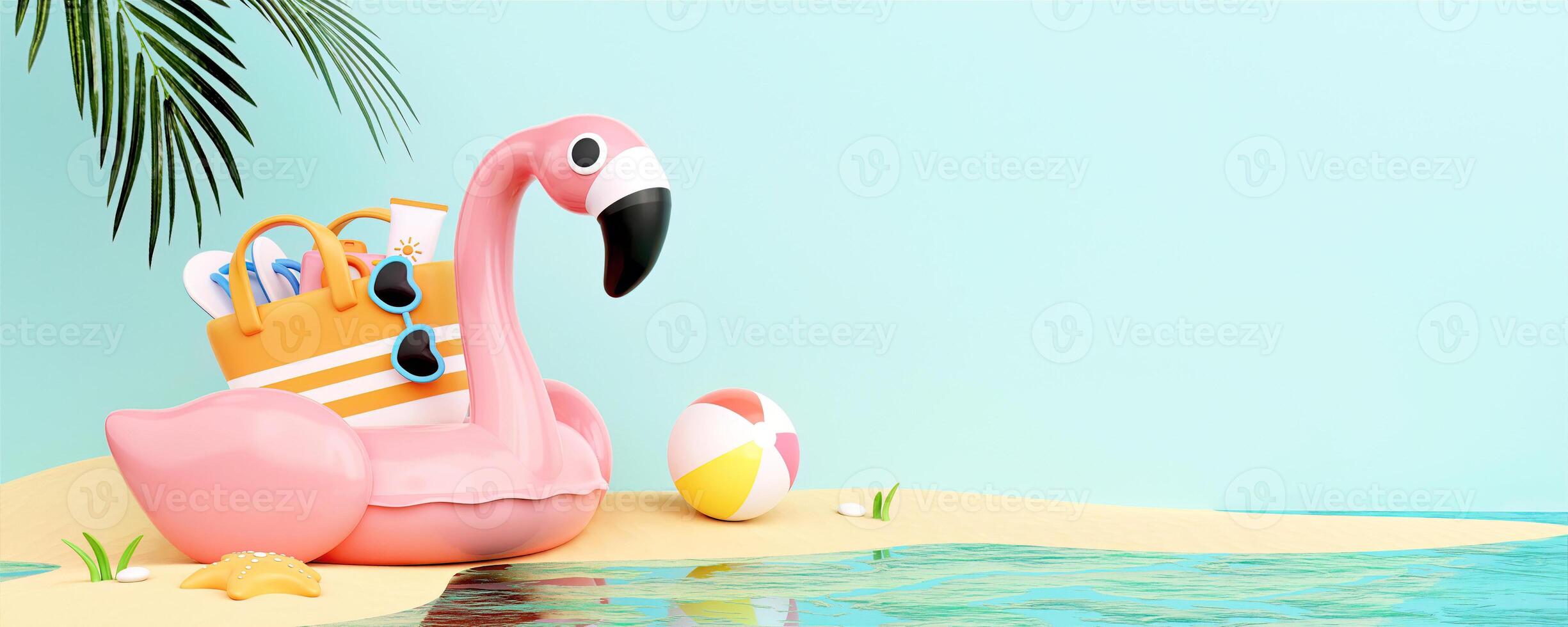 Flamingo float with sunglasses on the beach and beach accessories ready for summer vacation. Creative travel concept idea with copy space. 3d rendering illustration photo