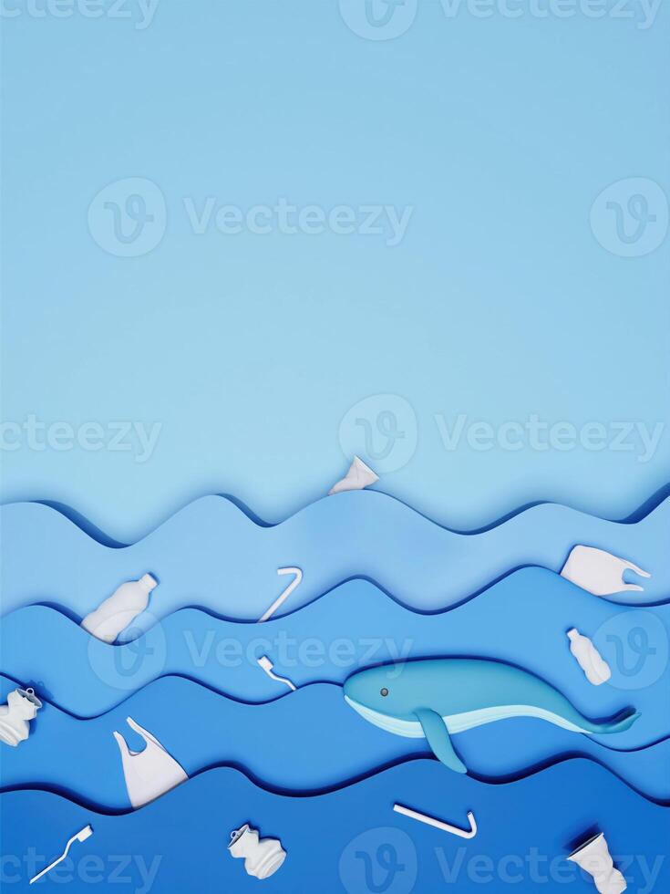 3d ocean with whale and garbage. The problem of plastic waste in the ocean. 3d rendering illustration. photo
