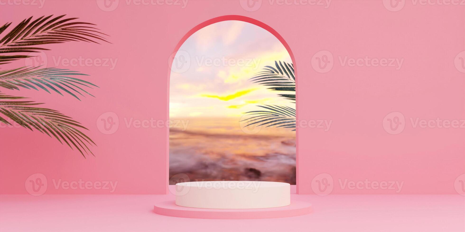 3d render, abstract geometric shape pastel pink , summer scene minimal design, product display, Pink Interior Background with sky and summer plant. 3d rendering illustration. photo