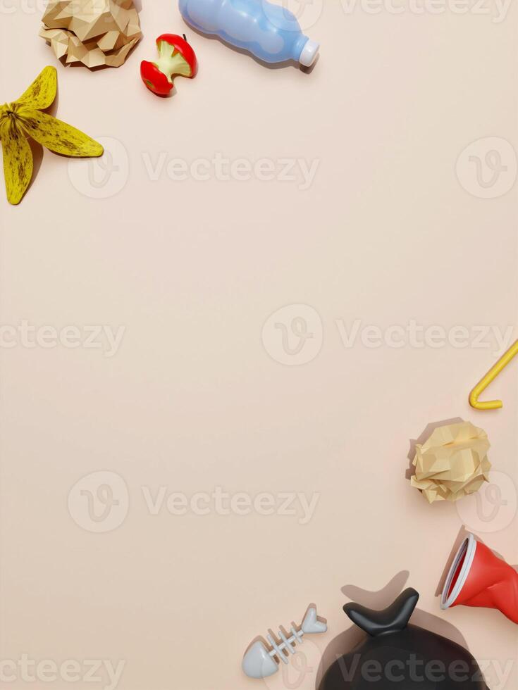 3d Recyclable waste on beige background. waste management recycling concept. 3d rendering illustration. photo