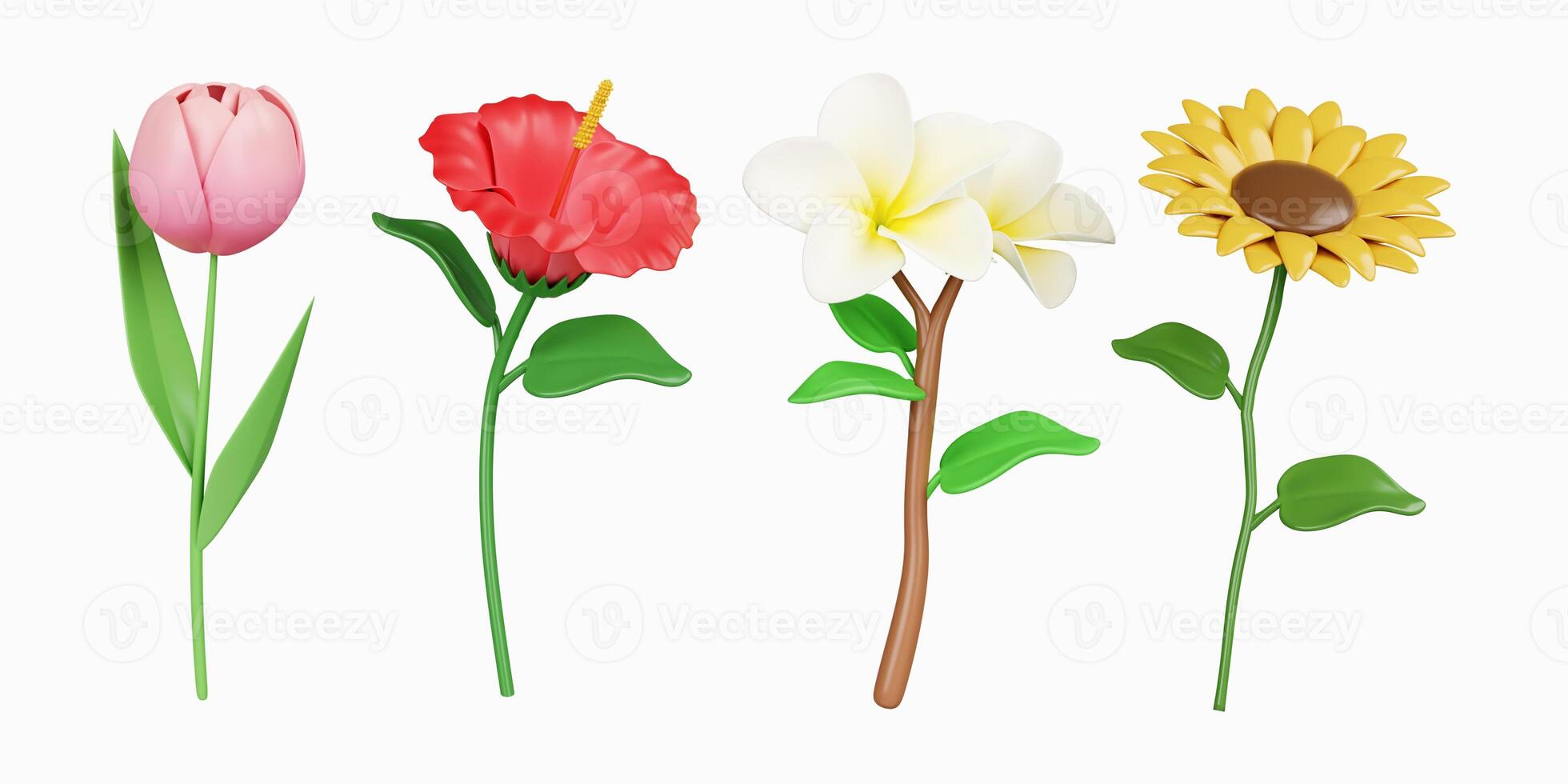 3d colorful flower set. icon isolated on white background. 3d rendering illustration. Clipping path. photo